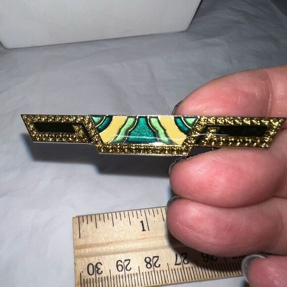 Vintage Gold Tone and Enameled Art Deco Styling Bar Pin - Picture 5 of 7